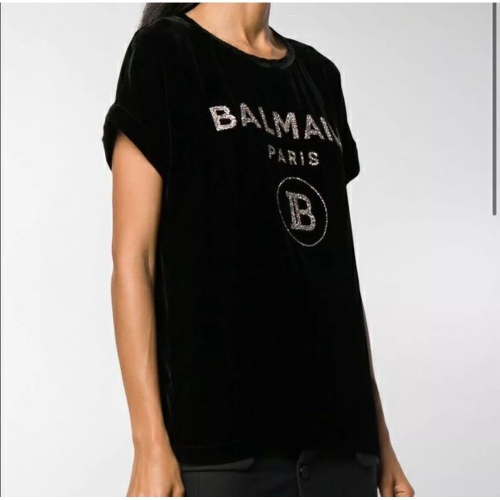 BALMAIN Black Velvet Glittered Logo Top Size 34 NWT - Picture 2 of 10